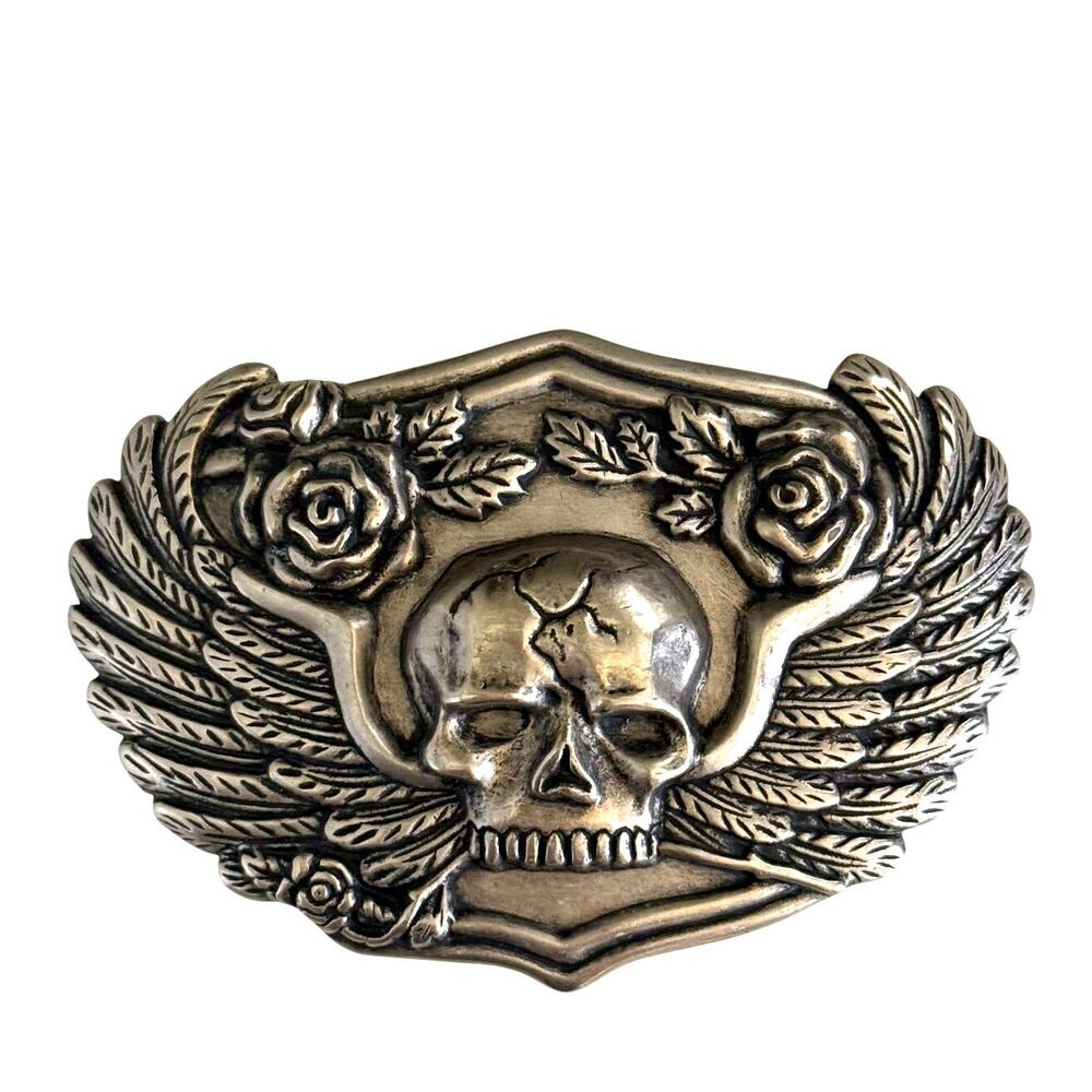 Winged Skull Belt Buckle Roses Biker Gothic Rocker Silver Tone Statement